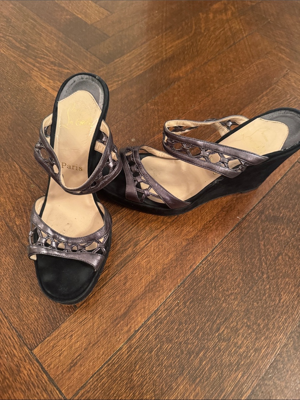Christian Louboutin Metallic Pewter Strappy Wedge Sandals